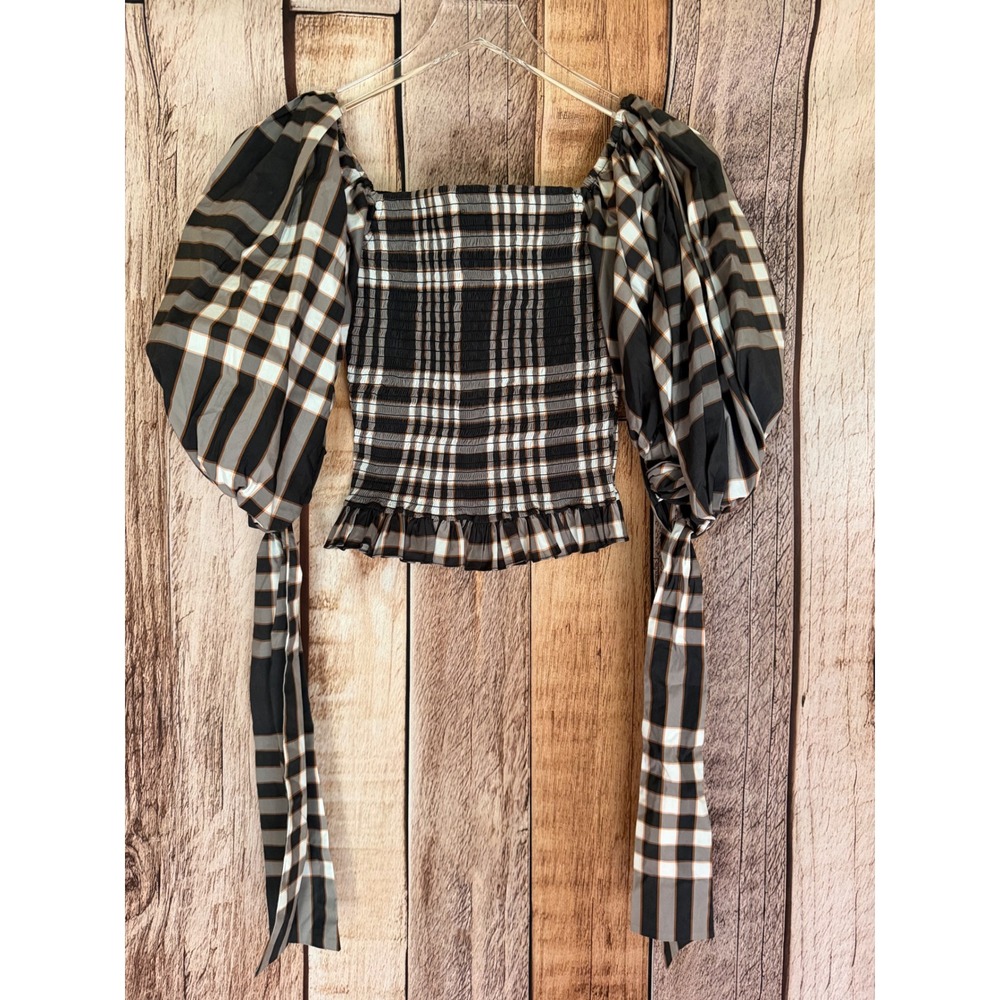 Caroline Constas Nora Crop Top Plaid Puff Sleeve Smocked Statement Medium NWT